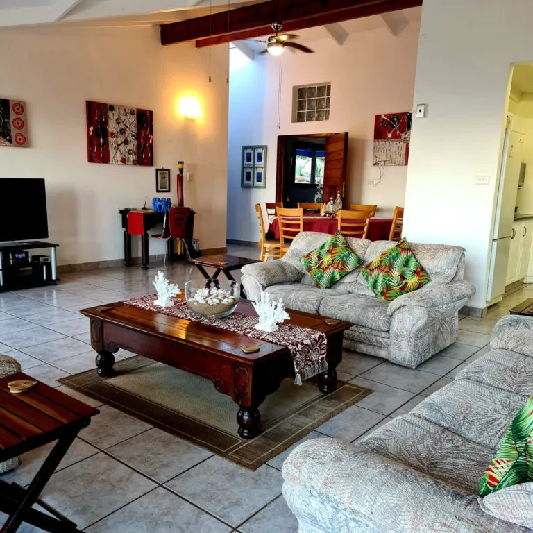 Cozy living room with sofas coffee table TV and ceiling fan