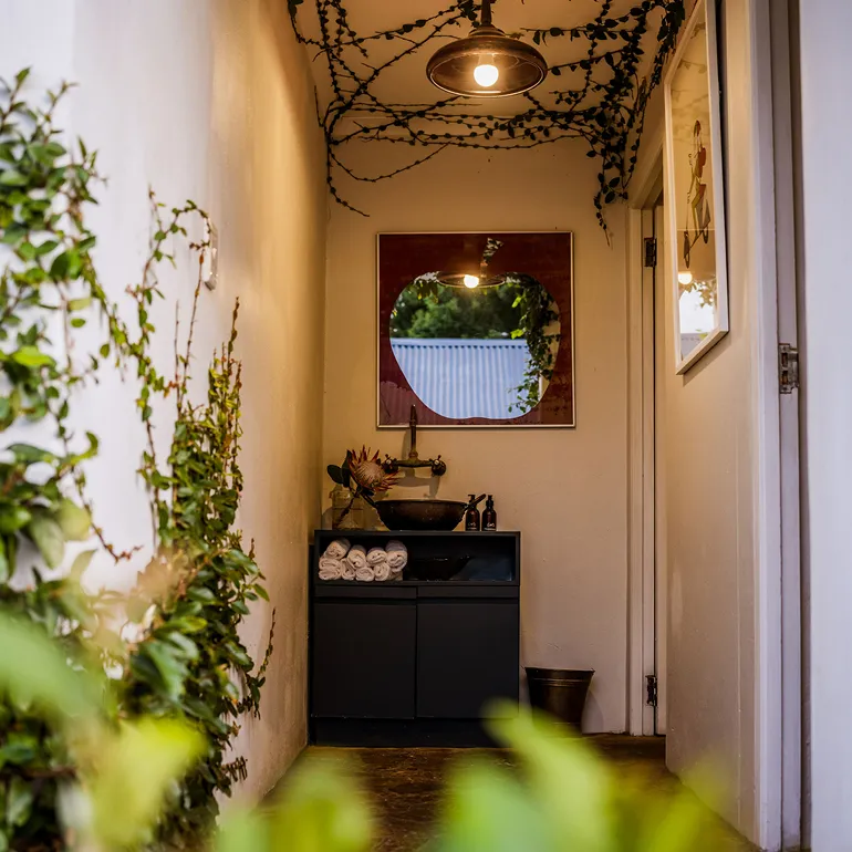 Hallway with plants mirror and sink under a hanging light