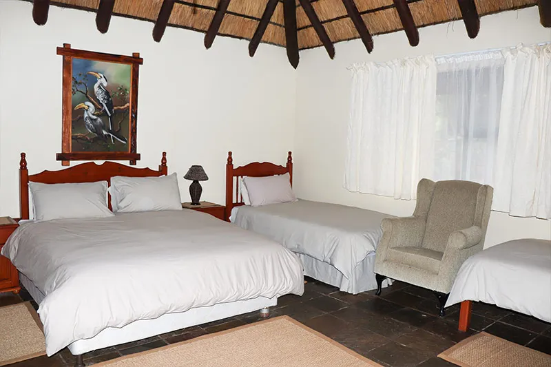 Cozy bedroom with a large bed single bed armchair and bird painting