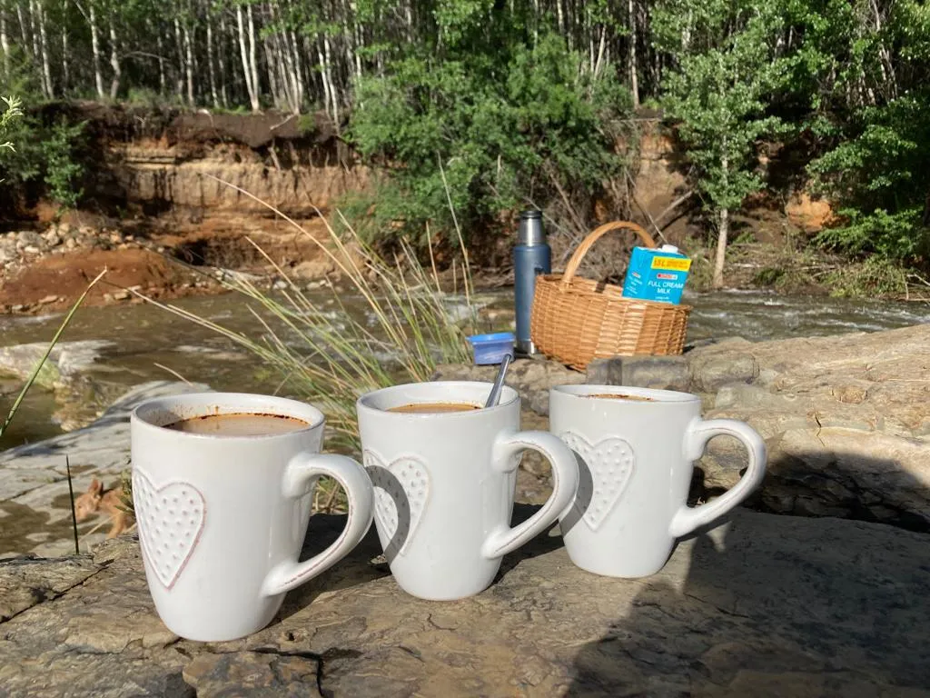 Three heartpatterned mugs by a river with a picnic basket in the background