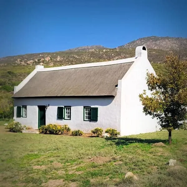 White cottage with green shutters and thatched roof in a grassy field