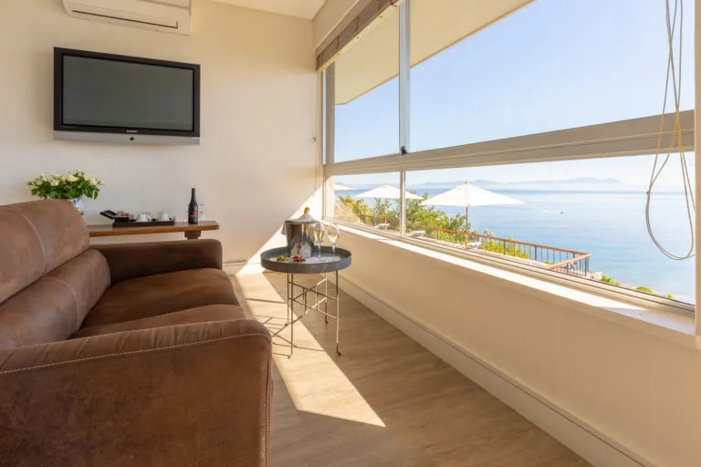 Brown sofa TV and large windows with ocean view in a living room