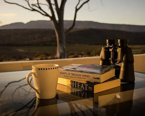 Books binoculars and a mug on a glass table with a scenic background
