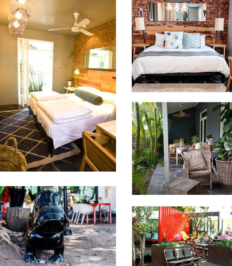Collage of five different bedroom and outdoor seating area images