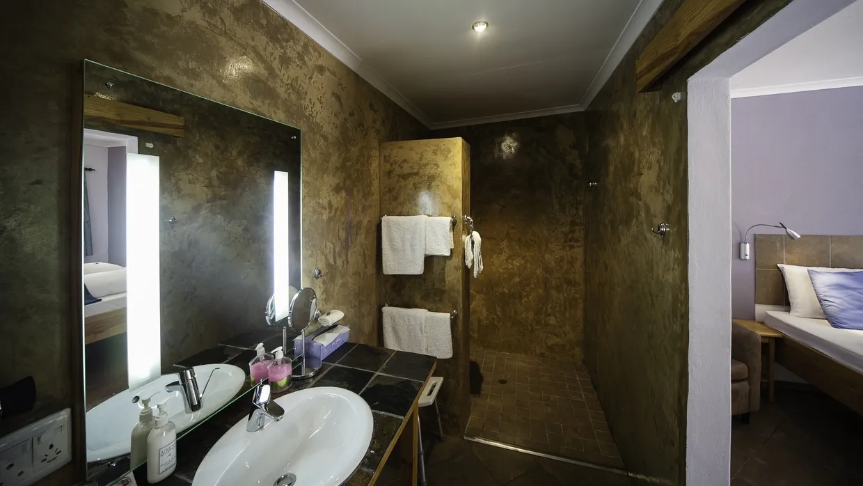 Modern bathroom with sink mirror and open shower area adjacent to bedroom