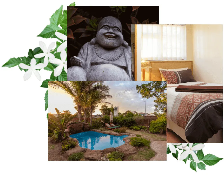 Collage of a Buddha statue pool with garden and bedroom with patterned bedding
