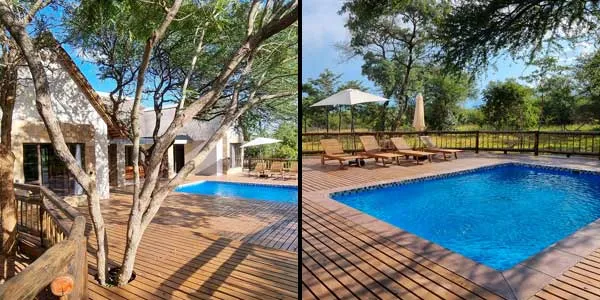 Two views of a wooden deck with a swimming pool and lounge chairs