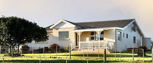 Singlestory house with a porch surrounded by a grassy yard and trees
