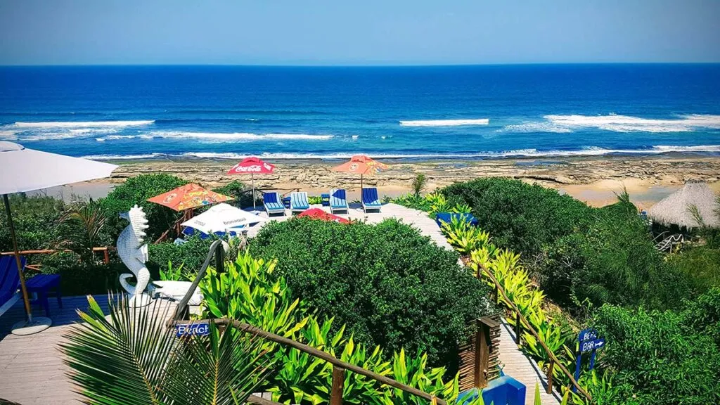 Tropical resort with ocean view umbrellas lounge chairs and lush greenery