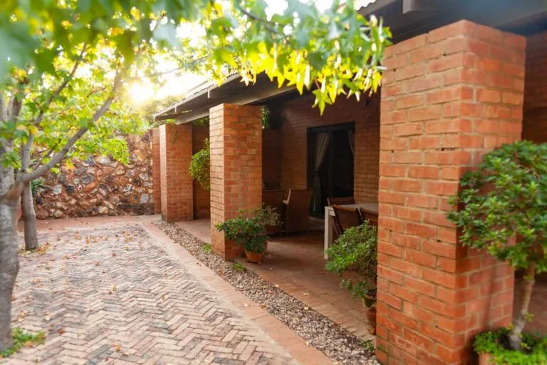 Brick patio with plants and trees leading to a shaded porch area