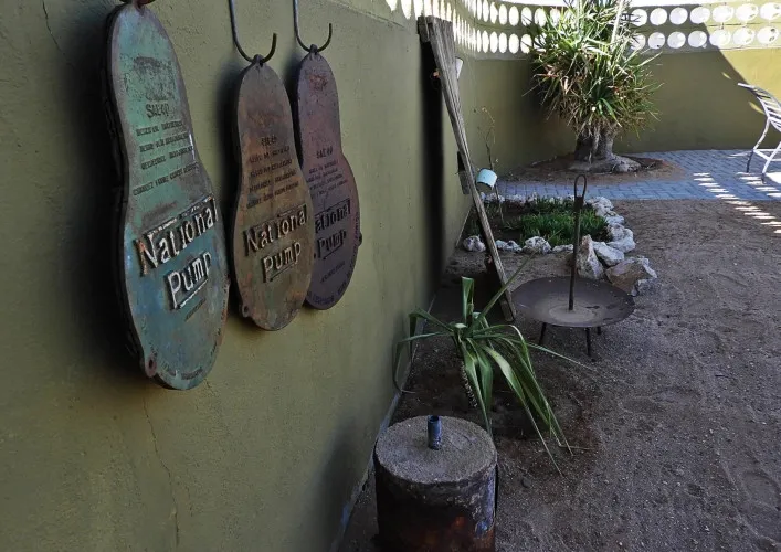 Three hanging signs on a green wall in a garden area with plants
