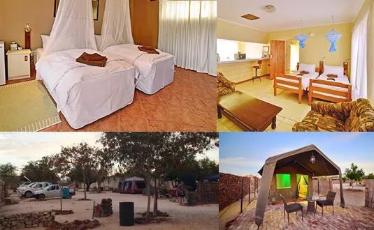 Collage of various types of accommodations including a bedroom living room and camping sites