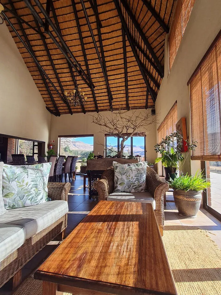 Cozy lounge with wooden ceiling large windows and indoor plants