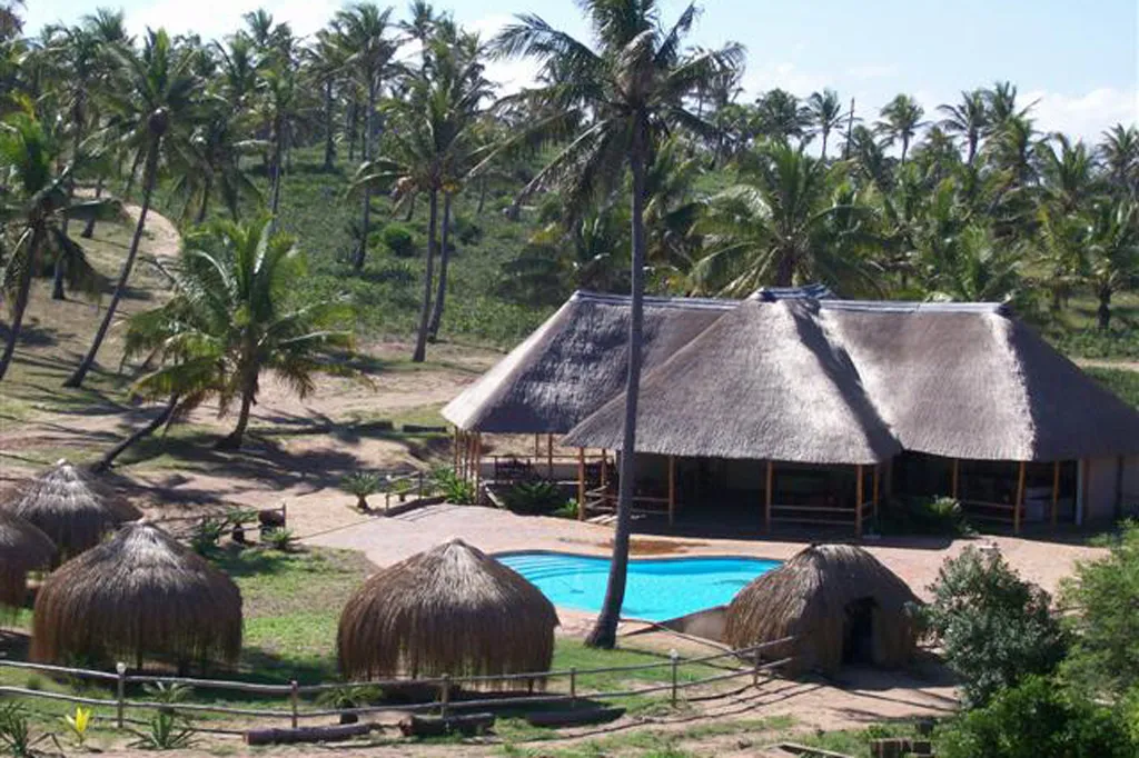 Tropical resort with thatchedroof buildings palm trees and a swimming pool