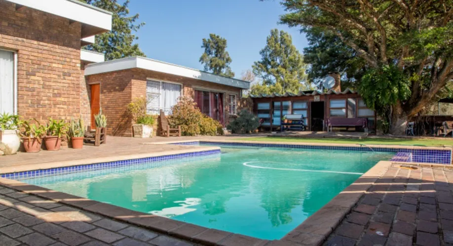 Swimming pool in a backyard with brick house plants and trees