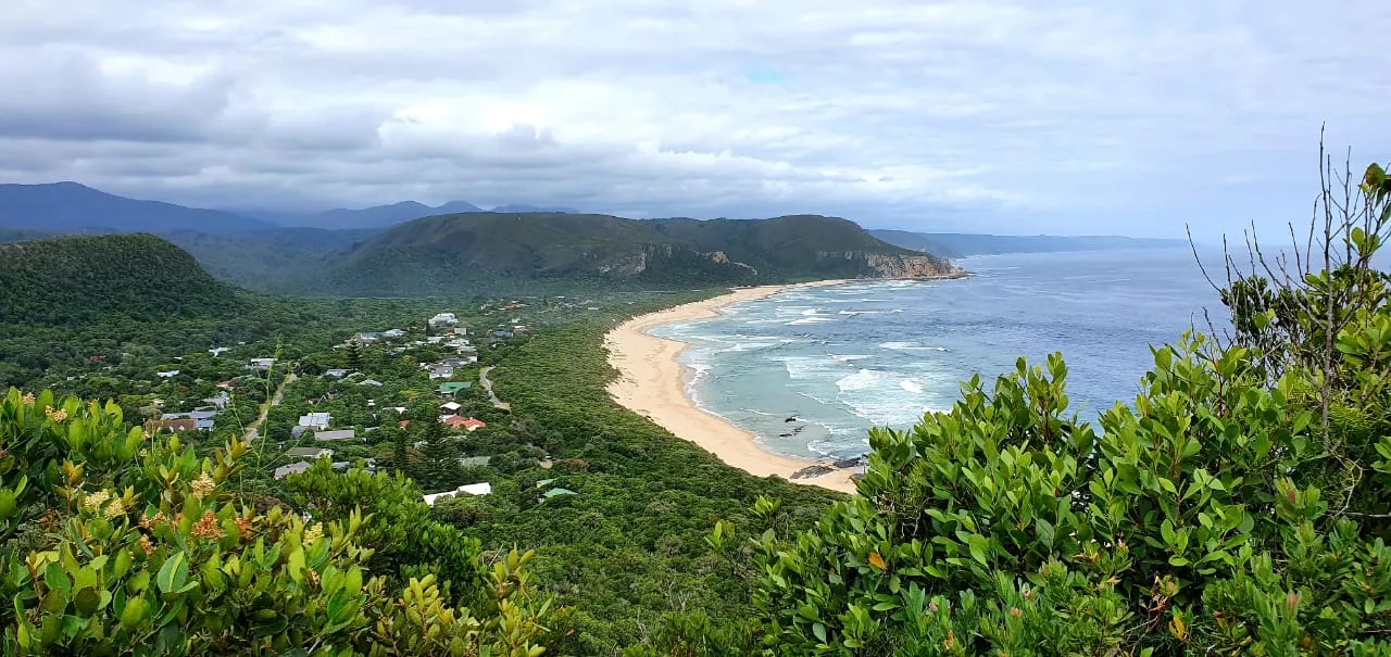 Coastal town with sandy beach lush greenery and mountains in the background