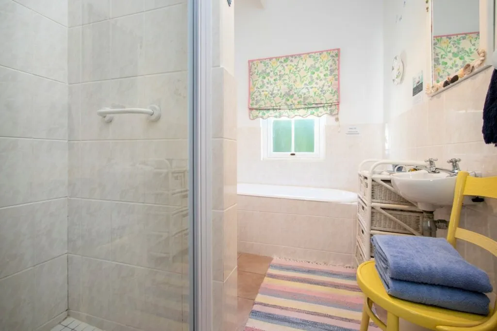 Bathroom with shower bathtub sink and a colorful rug on the floor