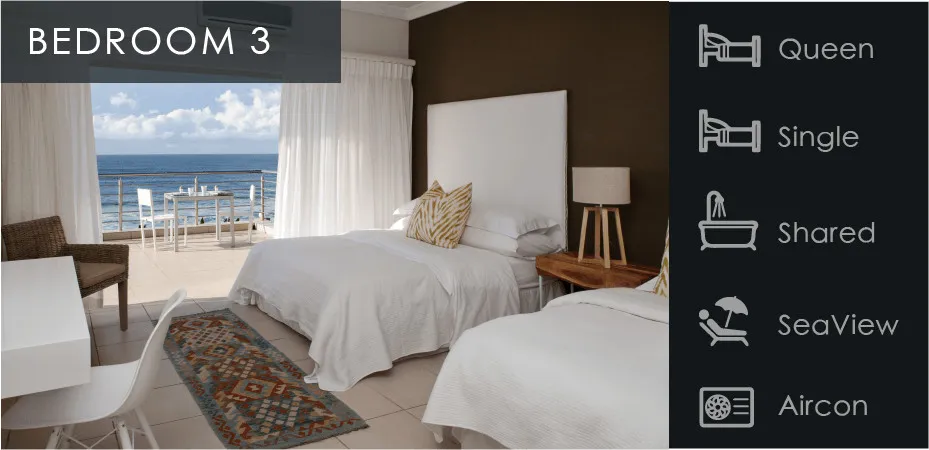 Bedroom with two beds ocean view icons for bed types shared sea view and aircon