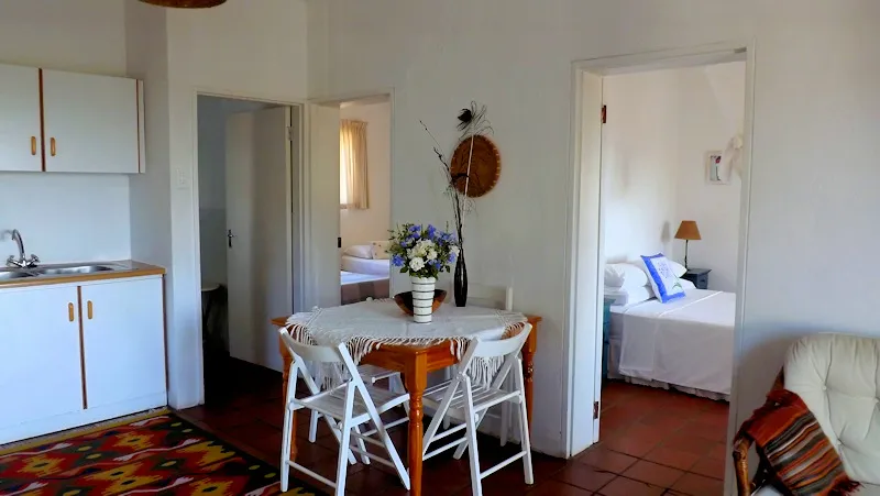 Dining area with table and chairs adjacent bedroom and colorful rug