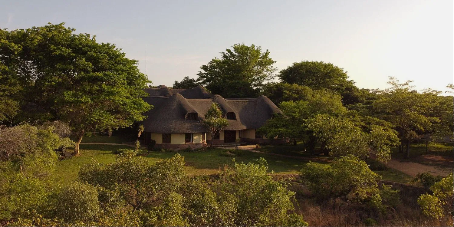 A house with a thatched roof surrounded by trees in a natural setting