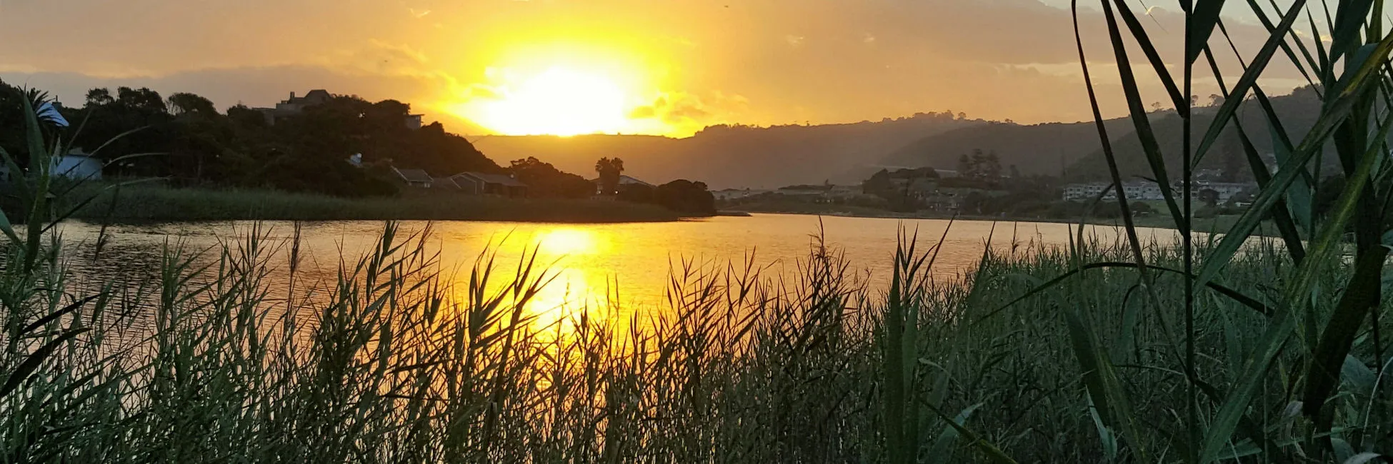 Sunset over a lake with tall grass in the foreground and hills in the background