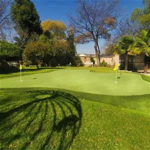 A putting green in a garden with trees and shadows