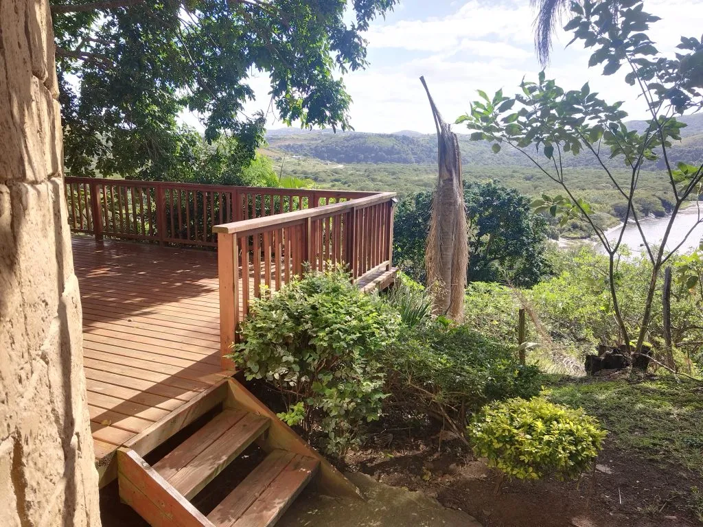 Wooden deck with steps overlooking a lush green landscape and water body