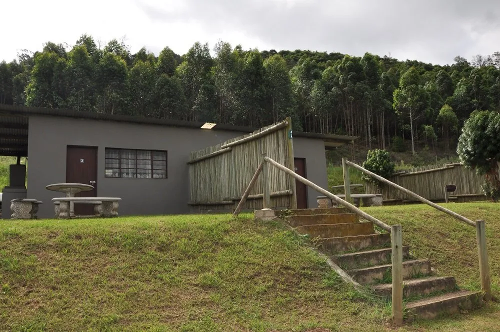Modern cabins with wooden fences and stairs in a forested area