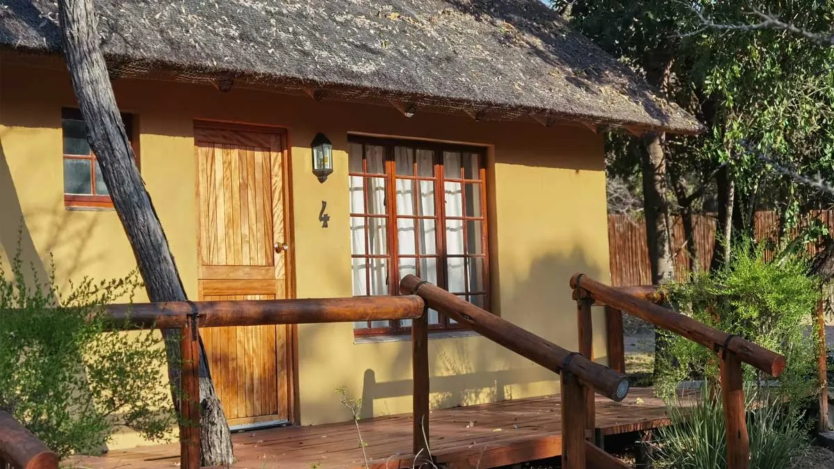 Wooden cabin with thatched roof wooden door and window surrounded by greenery