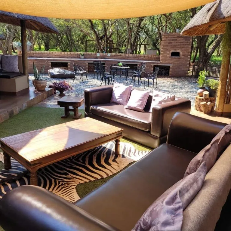 Outdoor lounge area with brown leather sofas and a zebra print rug