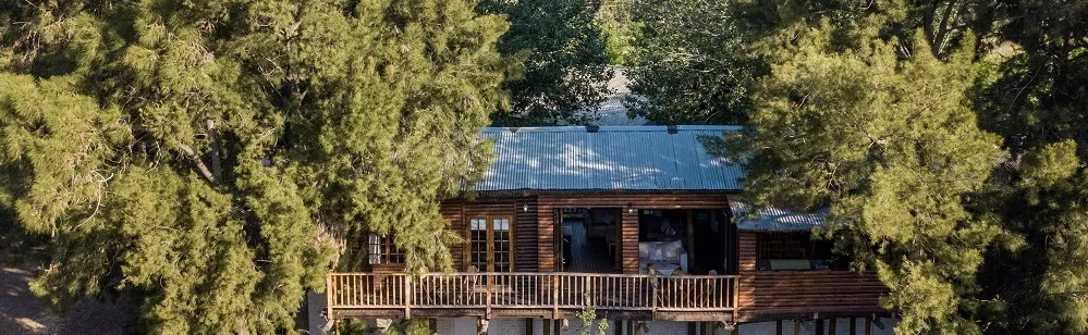 Wooden cabin with a porch surrounded by trees in a forest setting