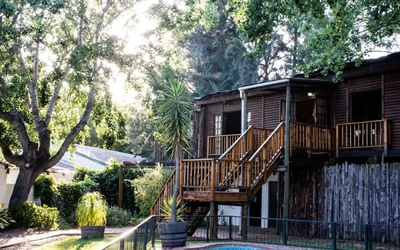Wooden house with stairs and balcony surrounded by trees and plants