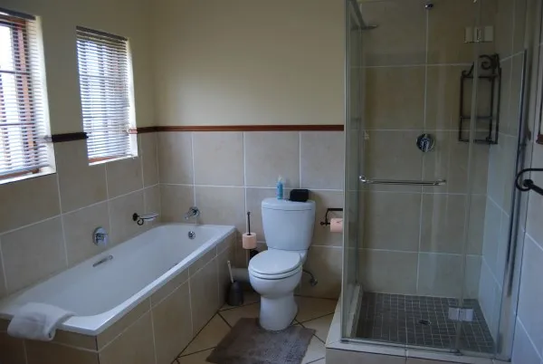 Modern bathroom with bathtub toilet and walkin shower