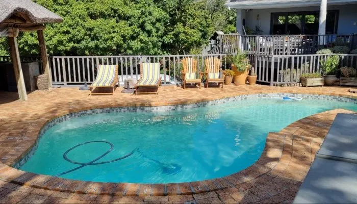 Swimming pool with lounge chairs surrounded by greenery and a house in the background