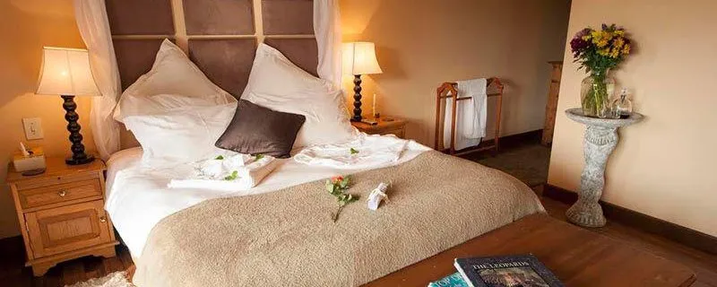Cozy bedroom with a neatly made bed bedside lamps and a floral arrangement