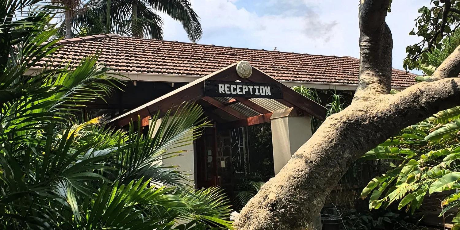 Reception area of a building surrounded by lush greenery and palm trees