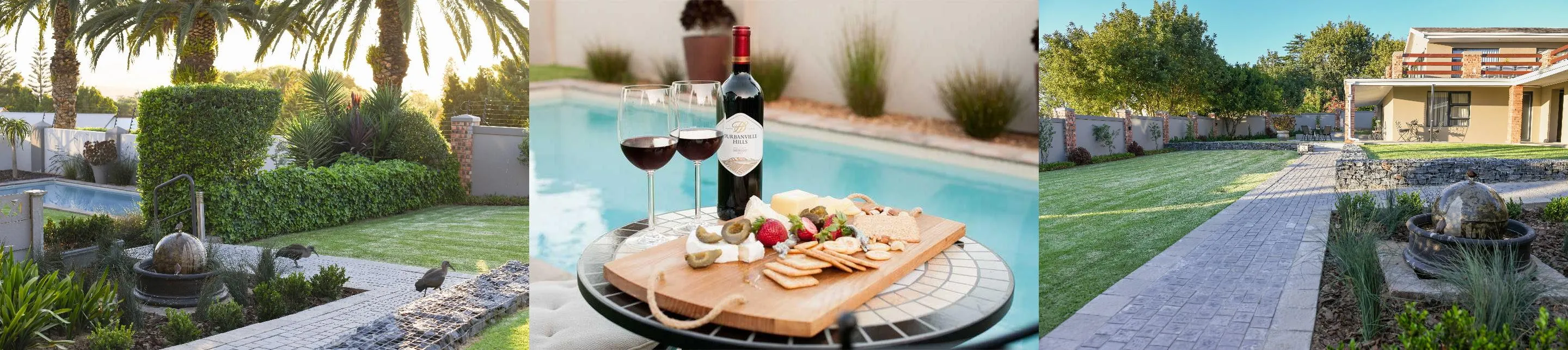 Three images of a garden with a pool pathway and wine and cheese setup