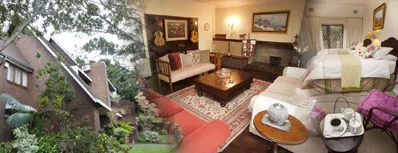 House exterior and cozy living room with sofas tables and decor items