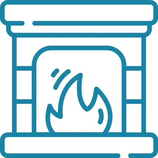 Blue line drawing of a fireplace with flames