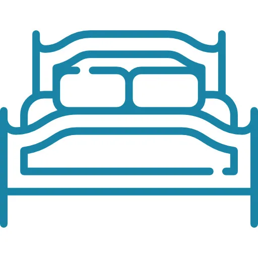 Blue line drawing of a bed with pillows and headboard