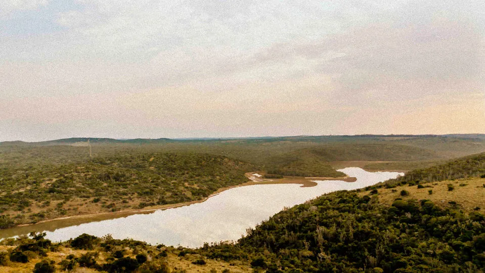 Aerial view of a river winding through a green hilly landscape at sunset