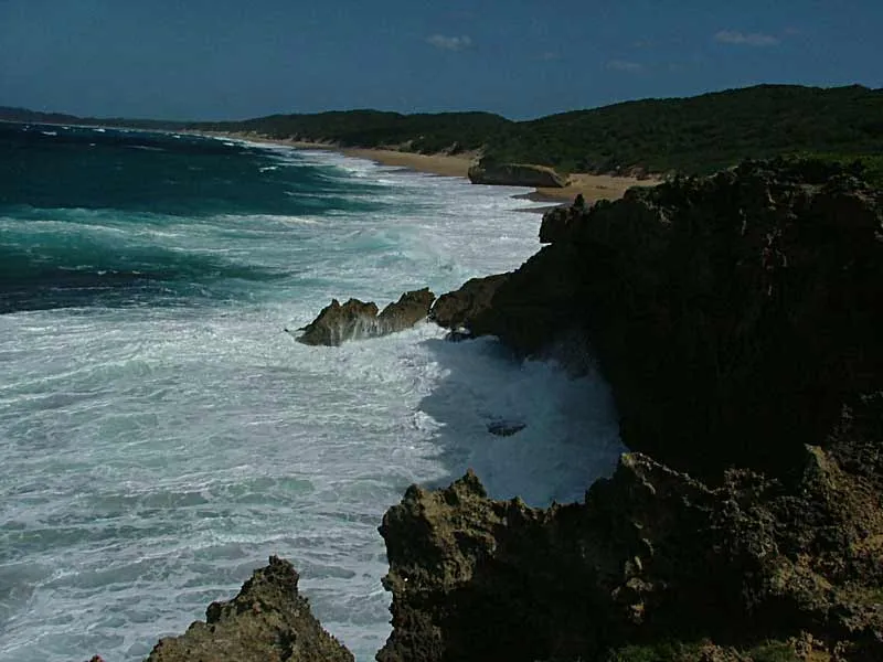 Rocky coastline with waves crashing against rocks and sandy beach in the background