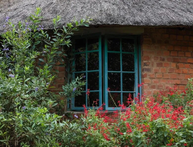 Brick house with a thatched roof blue window and colorful flowers