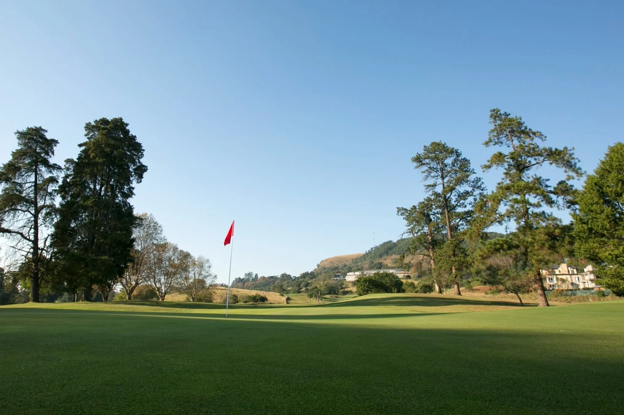 Golf course with a red flag trees and distant buildings under a clear sky