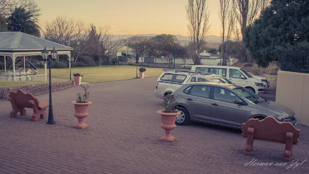 Three parked cars in a paved lot with benches and planters trees in background