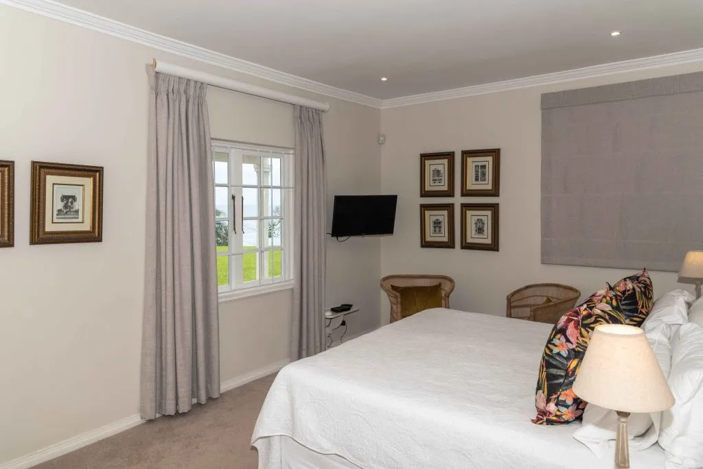 Cozy bedroom with large bed window TV and framed pictures on walls