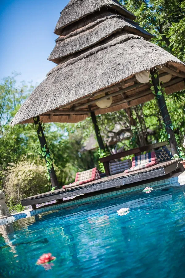 Thatchedroof hut by a pool with seating area and plants