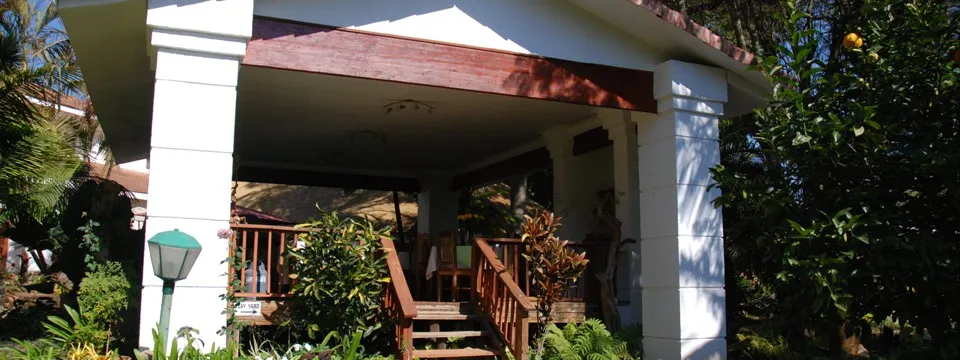 White house with wooden porch steps and surrounding greenery