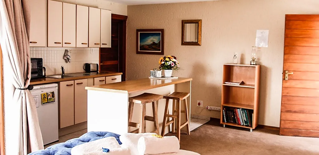 Small kitchen with wooden cabinets island and bookshelves in a cozy room
