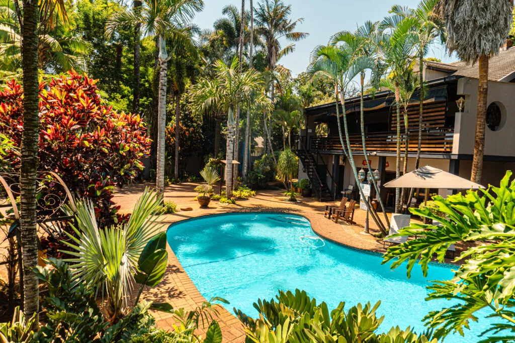 Tropical resort with a pool palm trees and lounge area